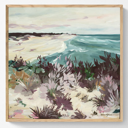 abstract painting of an Australian beach scene in blue and blush colour palette