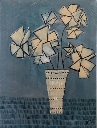 A still life of geometric cream coloured flowers, sitting in a decorative vase, blue background.