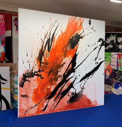 Large orange black painting with movement