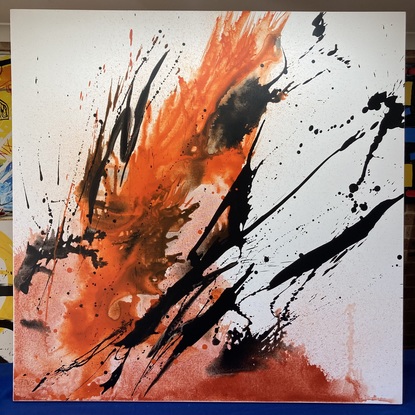 Large orange black painting with movement