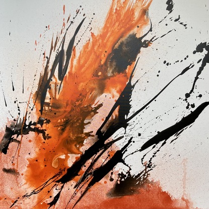 Large orange black painting with movement