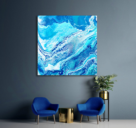 ABSTRACT painting that gives the impression of soothing ocean waves lapping in to soft sandy shore.  The intricate mosaic pattern within the tonal blue hues and the glimmering adds added interest and intrigue the close one gets to the painting.