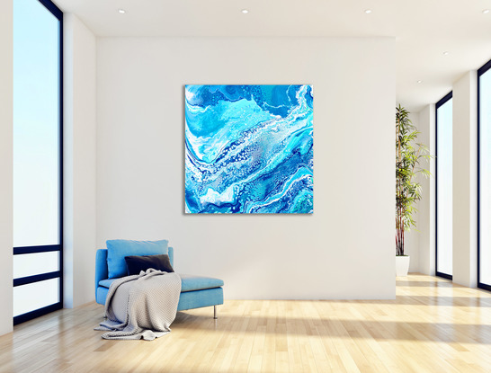 ABSTRACT painting that gives the impression of soothing ocean waves lapping in to soft sandy shore.  The intricate mosaic pattern within the tonal blue hues and the glimmering adds added interest and intrigue the close one gets to the painting.