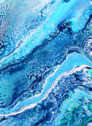 ABSTRACT painting that gives the impression of soothing ocean waves lapping in to soft sandy shore.  The intricate mosaic pattern within the tonal blue hues and the glimmering adds added interest and intrigue the close one gets to the painting.