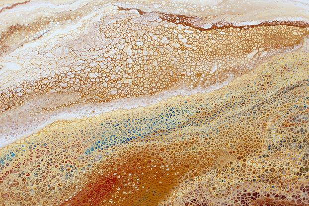 ABSTRACT painting that gives the impression of land form in outback Australia  The intricate mosaic pattern within the tonal hues . An inlay of  glimmering metallics adds added interest and intrigue the close one gets to the painting. The metallics also add an extra depth because how the painting changes personality when one views from different angles and different light.