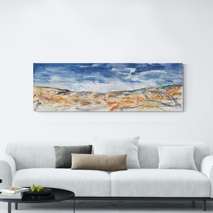 A large abstract painting of the Australian outback in pinks, cerise, blush, gold, brown,  magenta,  and cream.