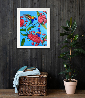 Rainbow lorikeets on a blossoming gum tree original painting by Irina Redine. Framed and ready to hang original artwork.