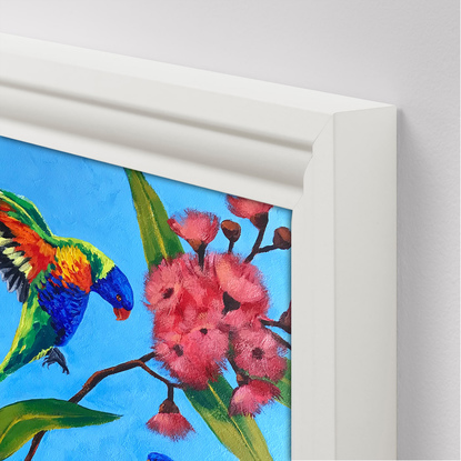 Rainbow lorikeets on a blossoming gum tree original painting by Irina Redine. Framed and ready to hang original artwork.