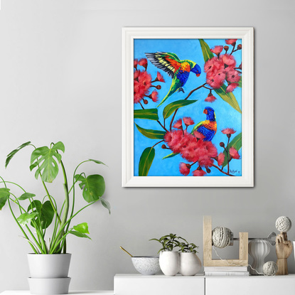 Rainbow lorikeets on a blossoming gum tree original painting by Irina Redine. Framed and ready to hang original artwork.