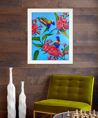 Rainbow lorikeets on a blossoming gum tree original painting by Irina Redine. Framed and ready to hang original artwork.