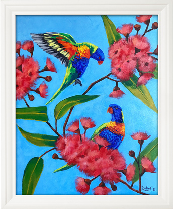 Rainbow lorikeets on a blossoming gum tree original painting by Irina Redine. Framed and ready to hang original artwork.