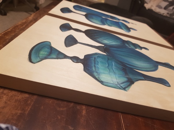 Simple rustic painting of  blue bottles on clear wooden board. Wanted to capture the deep blue translucent effect and get a stained painterly effect on the wood.