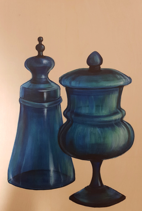 Simple rustic painting of  blue bottles on clear wooden board. Wanted to capture the deep blue translucent effect and get a stained painterly effect on the wood.