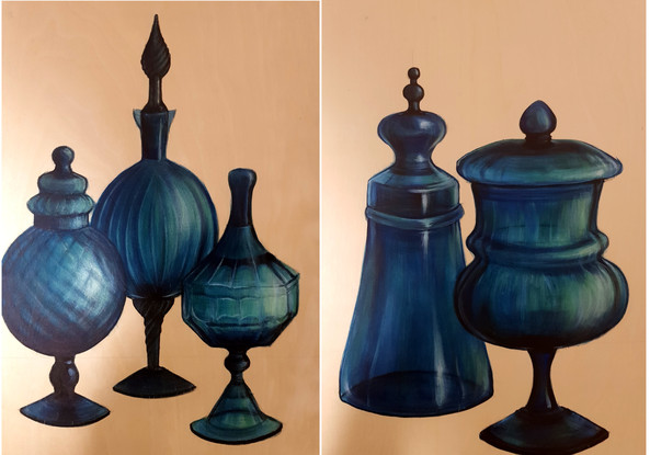 Simple rustic painting of  blue bottles on clear wooden board. Wanted to capture the deep blue translucent effect and get a stained painterly effect on the wood.