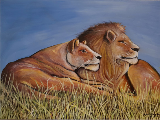 Acrylic on canvas simple and bright painting of lions.