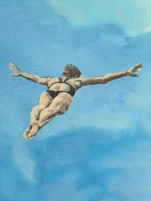 swimsuit clad strong woman flying away from us through beautiful blue and sun kissed clouds