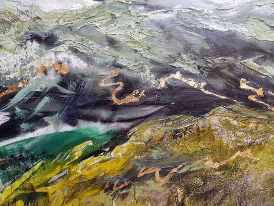 An abstract landscape of the Snowy Mountains in black, dark green, moss green and gold leaf.