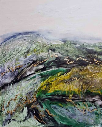 An abstract landscape of the Snowy Mountains in black, dark green, moss green and gold leaf.