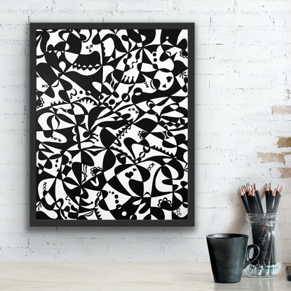 An expressive original art work in acrylic in black and white. Framed in deep edged, black frame, ready to hang. Mid Century Modern