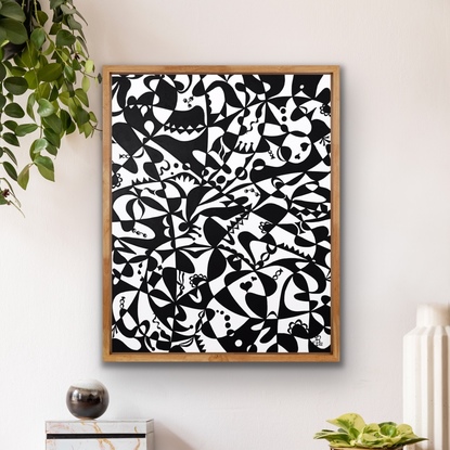 An expressive original art work in acrylic in black and white. Framed in deep edged, black frame, ready to hang. Mid Century Modern