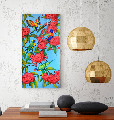 Rainbow lorikeets on a blossoming gum tree original painting by Irina Redine. Ready to hang original artwork Australian nature.