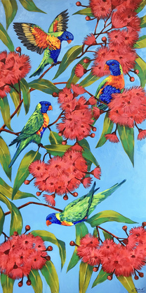 Rainbow lorikeets on a blossoming gum tree original painting by Irina Redine. Ready to hang original artwork Australian nature.