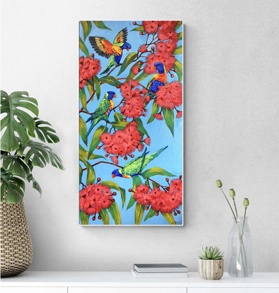 Rainbow lorikeets on a blossoming gum tree original painting by Irina Redine. Ready to hang original artwork Australian nature.