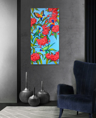 Rainbow lorikeets on a blossoming gum tree original painting by Irina Redine. Ready to hang original artwork Australian nature.