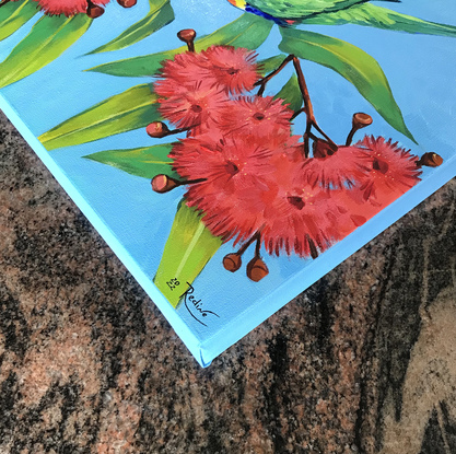 Rainbow lorikeets on a blossoming gum tree original painting by Irina Redine. Ready to hang original artwork Australian nature.