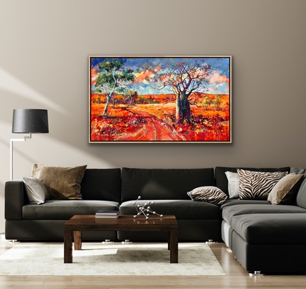 Vibrant landscape with Boab and gumtrees. 