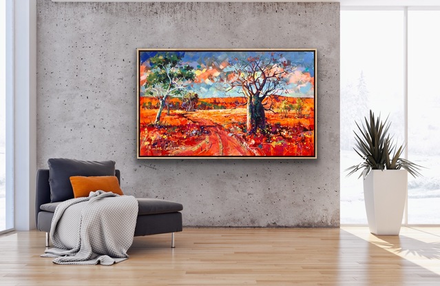 Vibrant landscape with Boab and gumtrees. 