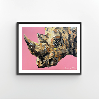 Portrait of Florence the rhino on a dusty pink background