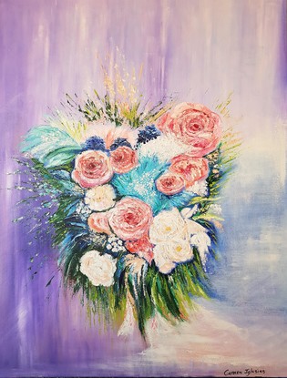 An arrangement of red and white roses, as well other types of turquoise and dark blue flowers, amid different types of green leaves. The background is painted in very transparent tones of purple, blue, white and pink. 