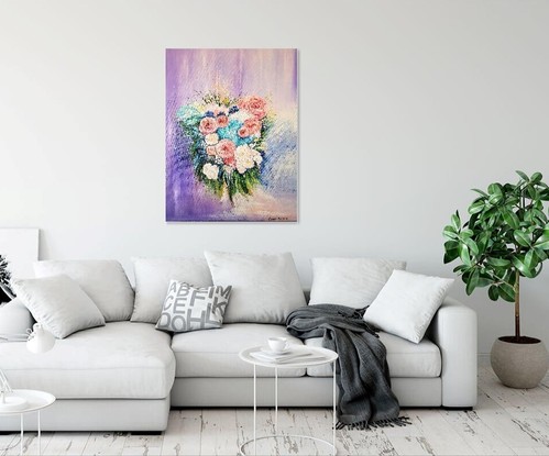 An arrangement of red and white roses, as well other types of turquoise and dark blue flowers, amid different types of green leaves. The background is painted in very transparent tones of purple, blue, white and pink. 