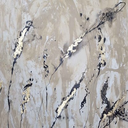 An abstract of wild grass and leaves in dark brown, beige and white with copper leaf.  