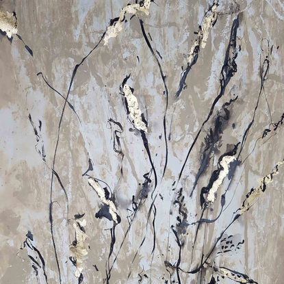 An abstract of wild grass and leaves in dark brown, beige and white with copper leaf.  