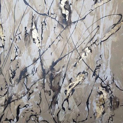 An abstract of wild grass and leaves in dark brown, beige and white with copper leaf.  