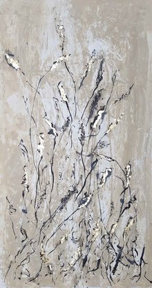 An abstract of wild grass and leaves in dark brown, beige and white with copper leaf.  