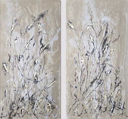 An abstract of wild grass and leaves in dark brown, beige and white with copper leaf.  