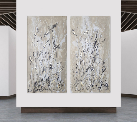 An abstract of wild grass and leaves in dark brown, beige and white with copper leaf.  