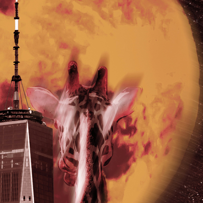 Metallic pizzazz - downtown New York, the milky way and a full moon meets Animalia. A surreal creation by emerging digital artist Ann Parrott. Limited Edition of 21. 