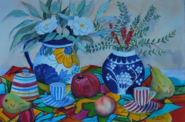 (CreativeWork) Still Life with Pomegranate by Leanne Jones. Watercolour. Shop online at Bluethumb.