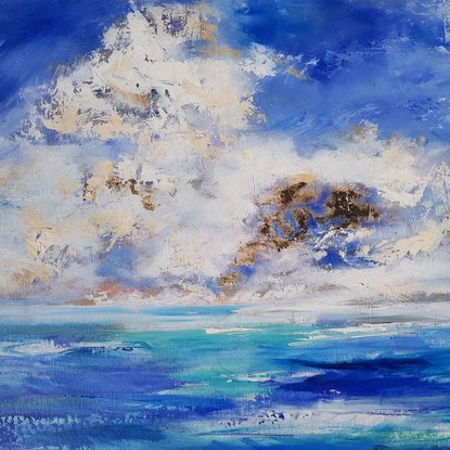 A large oil painting showing the sea and clouds off  the Amalfi Coast Italy