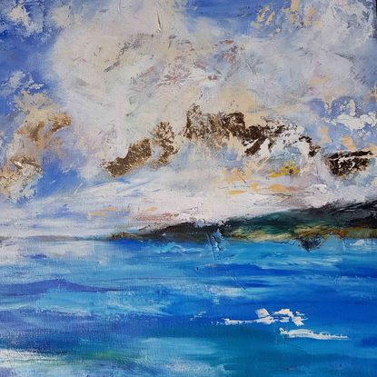 A large oil painting showing the sea and clouds off  the Amalfi Coast Italy