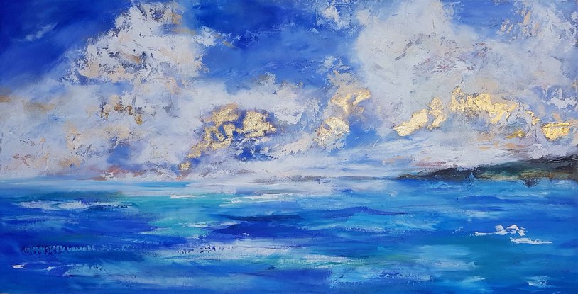 A large oil painting showing the sea and clouds off  the Amalfi Coast Italy