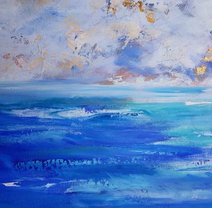 A large oil painting showing the sea and clouds off  the Amalfi Coast Italy