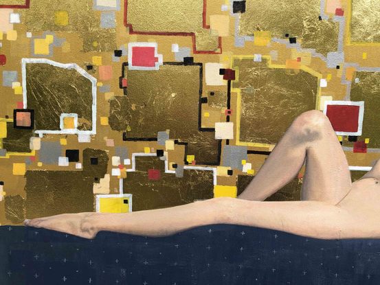 A reclining nude female on a coloured mosaic patterned background of acrylic and gold leaf.