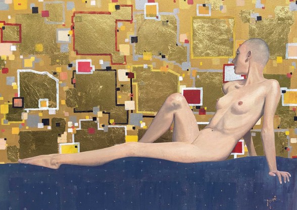 A reclining nude female on a coloured mosaic patterned background of acrylic and gold leaf.