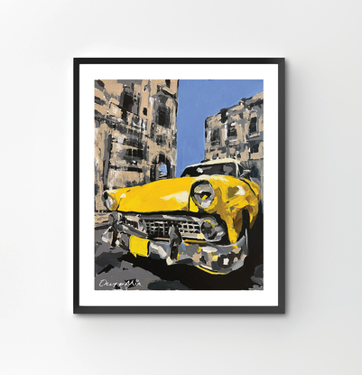 Giclée Fine Art Print of Yellow Cuban car in Old Havana street with buildings