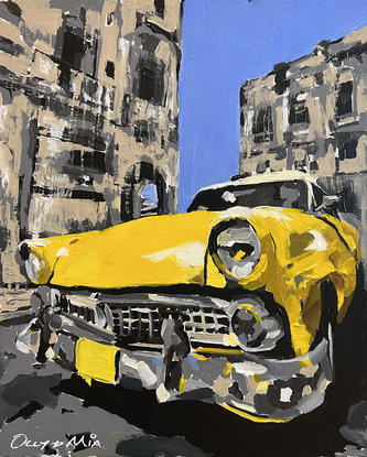 Giclée Fine Art Print of Yellow Cuban car in Old Havana street with buildings